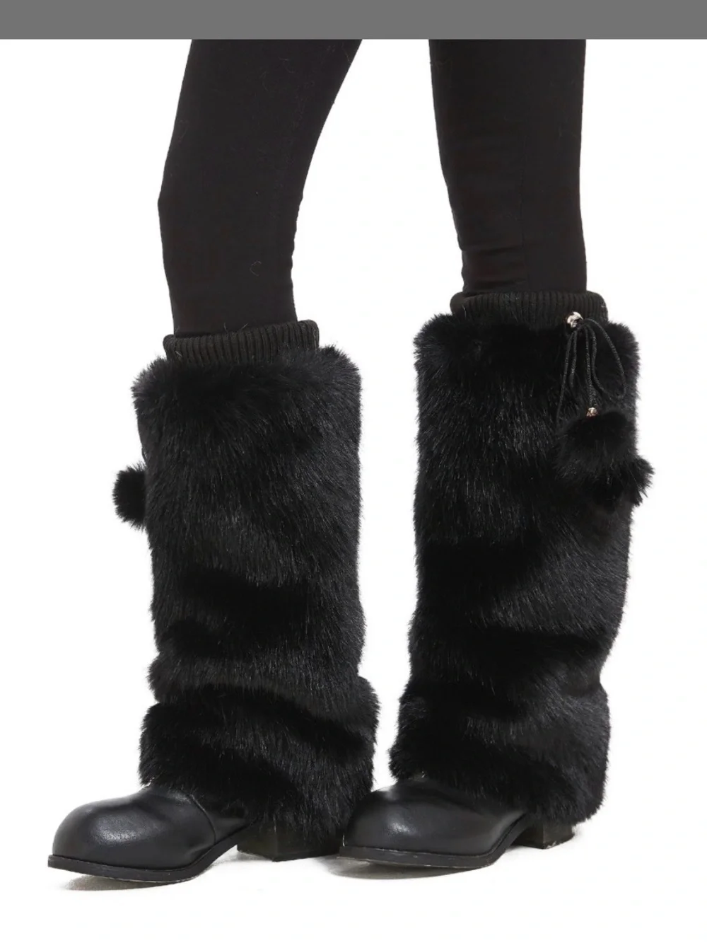 Faux Fur Black Boot Leg Warmers with Pom Tassel used 1x